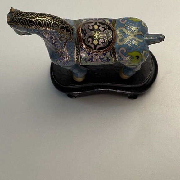 Vintage 20th Century Blue Enamel & Brass Cloisonné Horses Figurine 5" Home Art - Picture 4 of 16